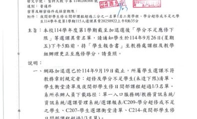本校114學年度第1學期截至加退選後「學分不足應修下限」等選課異常名單,請通知學生於114年9月26日(星期五)下午5點前,持「學生報告書」至教務處課程及教學組辦理更正至應修學分